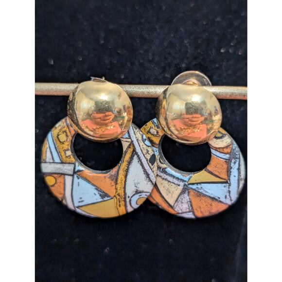 Vintage 70s Groovy Mod Gold Tone Doorknocker Post Earrings - Picture 1 of 5